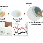 This illustration shows the schematic procedure for the fabrication of a surface-enhanced Raman scattering contact lens via transfer printing.